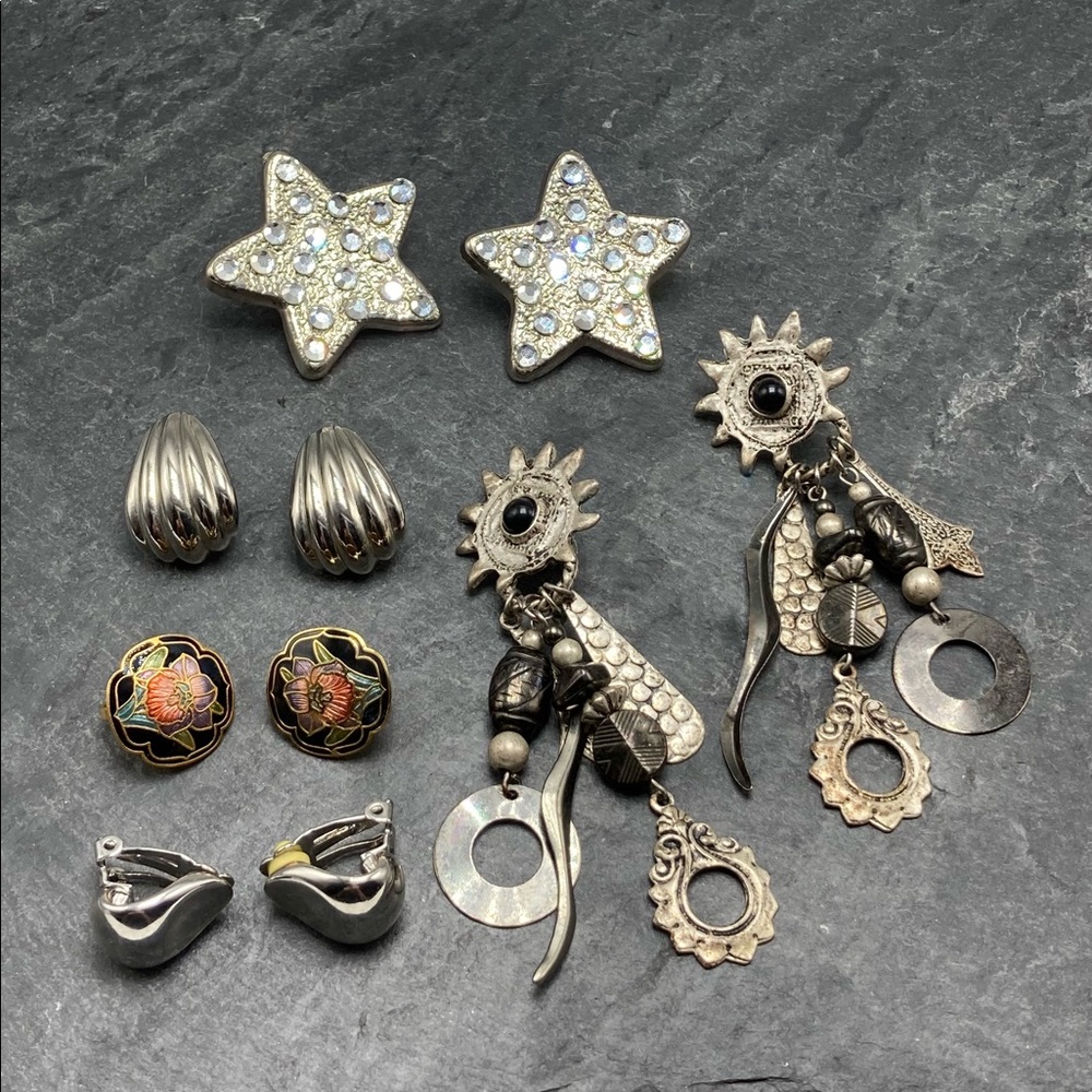 CLIP-ON Women’s Vintage Bundle 5x pairs earrings silver gold cloisonné